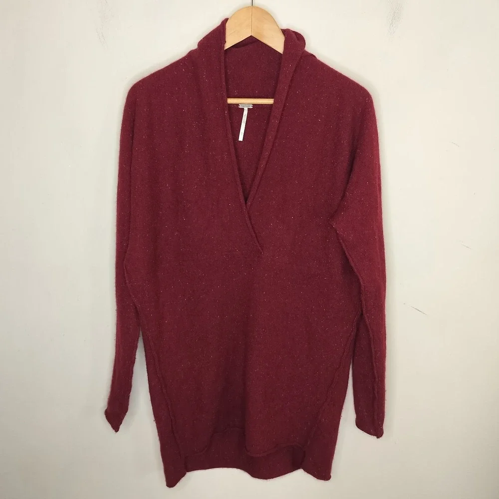 Free People Cashmere‎ Sweater Red Speckled Tunic Shawl Collar